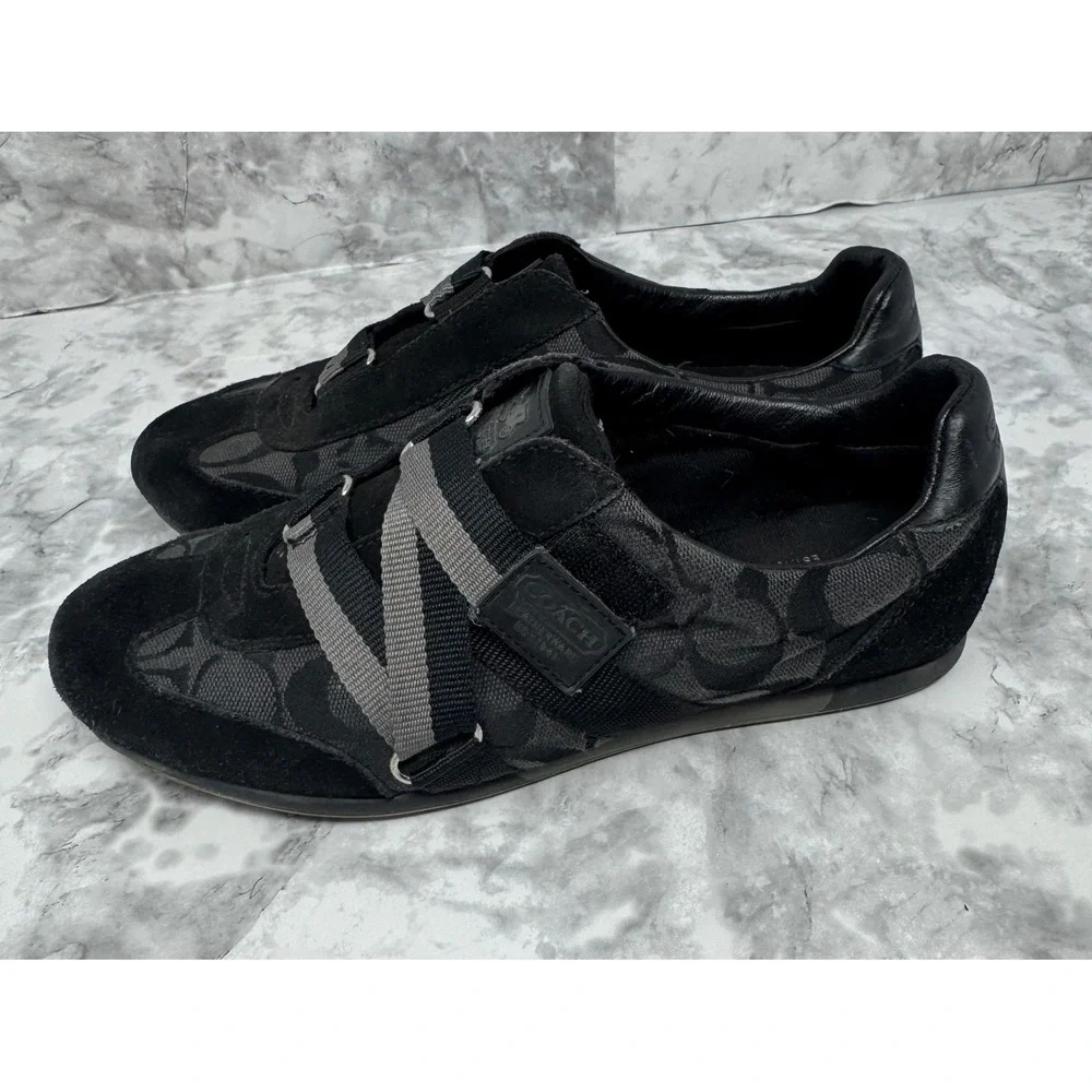 Coach Signature 🖤Jacquard Z-Strap Sneakers Black Grey Suede Trim Low Top Shoes - Picture 3 of 12